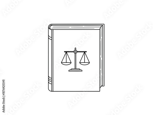 A line drawing of a book with a scale icon on the cover for law and education concepts