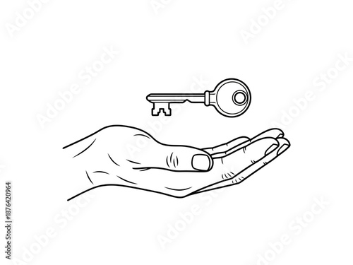 A hand with a key floating above the palm in a simple line drawing