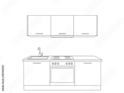 Line drawing of a kitchen with sink stove and oven and wall mounted cupboards