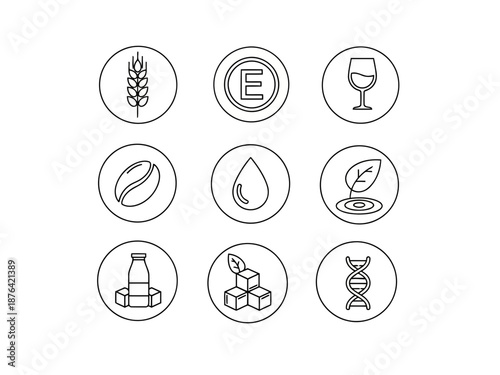 A set of nine icons representing various concepts and objects