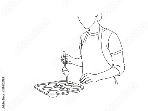 A person in an apron preparing food on a tray in a simple line drawing