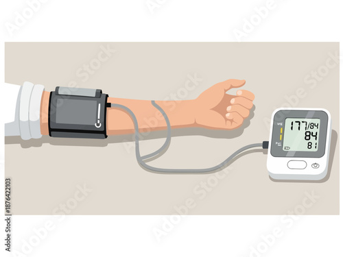 An arm with a blood pressure cuff and monitor on a beige background