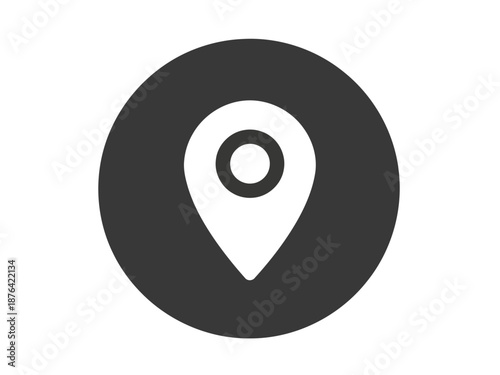 A black and white icon of a location pin in a circle