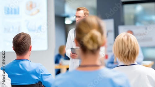 Healthcare professionals attend a training lecture led by a medical expert at a hospital to learn about updated medical practices