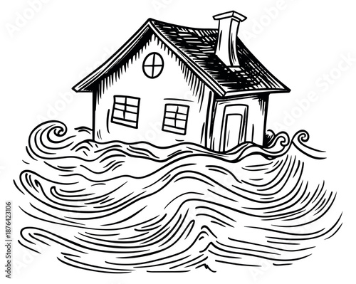 Hand drawn line art illustration of a house depicting a flood for a natural disaster concept