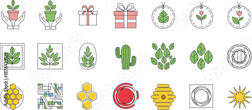 Large set of eco friendly and nature icons featuring potted plants gift boxes honeycombs and botanical elements.
