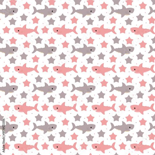Cute pink and gray shark seamless pattern with stars for baby girl textile print.