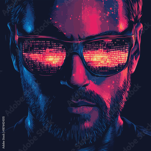 hacker or cybersecurity expert wearing sunglasses, with glowing code reflected in the lenses. Generative ai raster colorful illustration. , vector style simple color