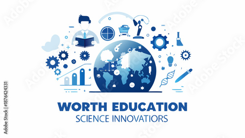 Flat vector illustration of young innovators working on science education with globe and icons