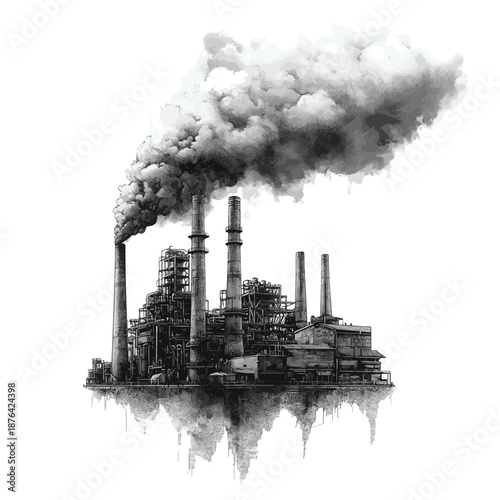 industrial factory with chimneys and smoke resting in a giant human hand sketch engraving generative ai fictional character raster illustration