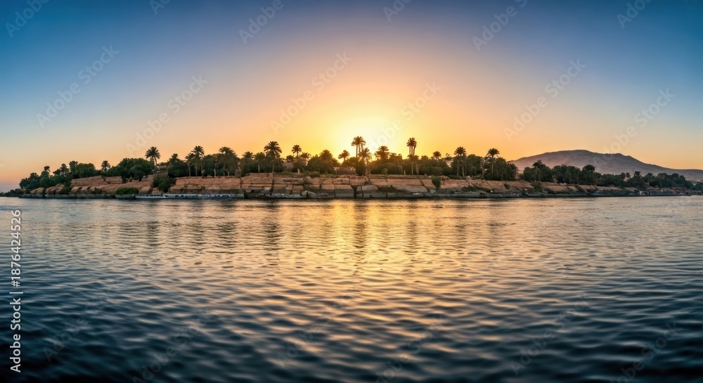 Fototapeta premium A serene island landscape with palm trees, silhouetted against a vibrant sunset over water
