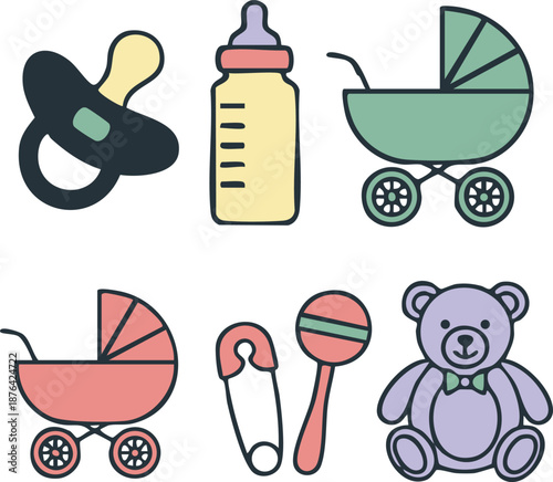 Baby care and newborn icon set including bottle stroller and teddy bear Silhouettes isolated on white background silhouette
