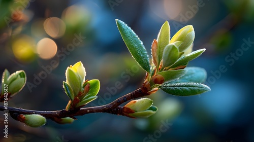 Fresh green tree buds ready to burst sit on a branch, showing spring awakening against a soft bokeh forest background with sunlight filters.