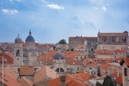 View of famous red terracotta rooftops and historic buildings in Old Town Dubrovnik on the Adriatic coast of Croatia
