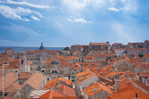 View of famous red terracotta rooftops and historic buildings in Old Town Dubrovnik on the Adriatic coast of Croatia