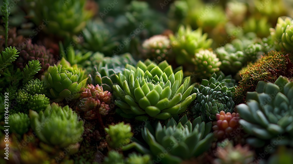 Fototapeta premium Garden bed is filled with various green succulents with natural sunlight casting shadows, focusing on texture and pattern botanical detail.
