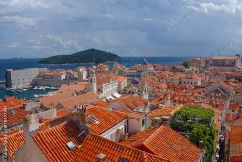 View of famous red terracotta rooftops and historic buildings in Old Town Dubrovnik on the Adriatic coast of Croatia
