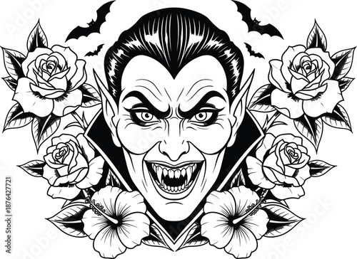 Gothic vampire head with bats, roses, hibiscus flowers, horror fantasy illustration, dark art, spooky Halloween theme, elegant creepy vector design
