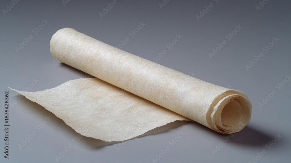 Fototapeta premium Rolled up piece of white paper or parchment paper on a grey background. the paper appears to be soft and smooth, with a slightly wrinkled texture.