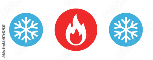 Hot and cold icon vector, showcasing flaming and freezing signs with refrigerator and boiler symbols in clean transparent background illustration.