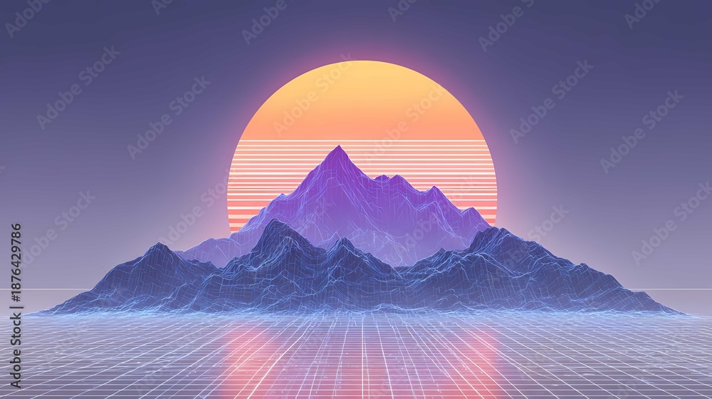 Obraz premium Neon mountains landscape with a large orange sun setting behind purple peaks in retro synthwave style