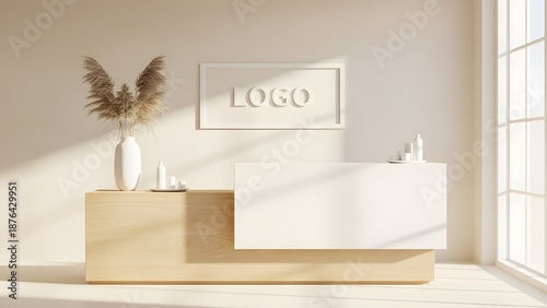 Modern office reception desk with logo and decorative plants
