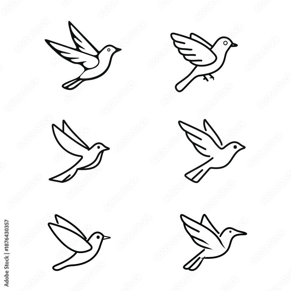 Obraz premium Flying Bird Outline Icons Set – Minimal Line Art Vectors