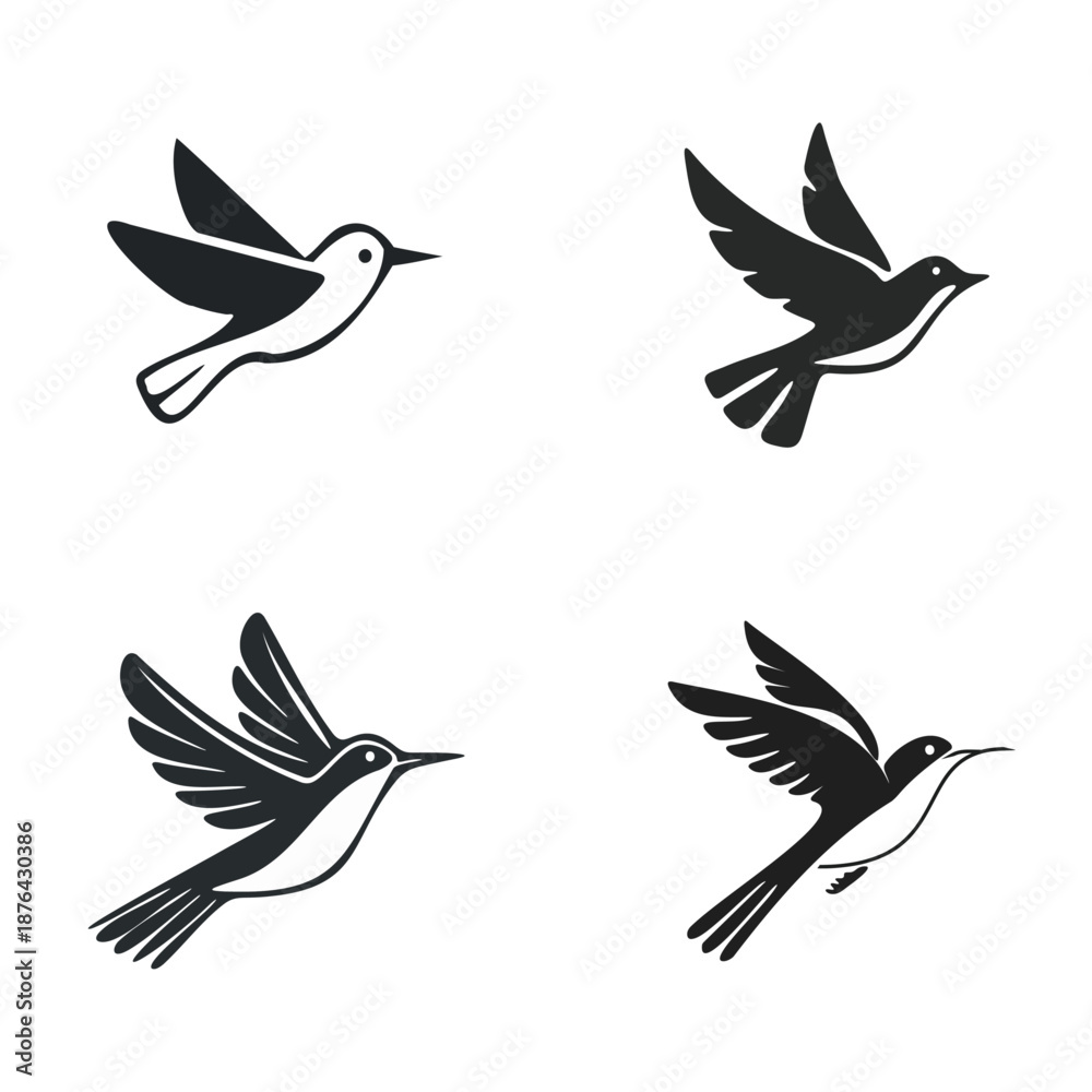 Fototapeta premium Flying Bird Silhouette Icons Set – Black Vector Logo Elements