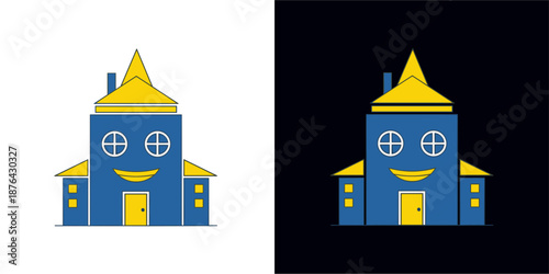 Playful Blue House Illustration with Smiling Face on White and Black Background