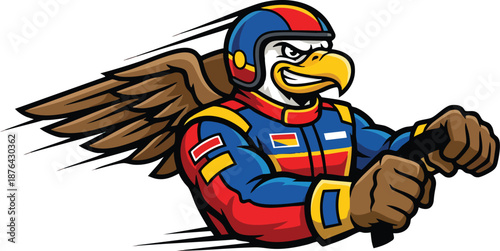 Racing Eagle Driver Mascot Illustration, Flying Eagle in Racing Suit Holding Steering Wheel, Motorsport Speed Character, Esports Team Logo and Automotive Racing Design