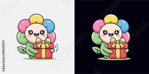 Cheerful Cartoon Flower Character Holding Gift, Illustrative Art, Bright Colors, Playful Vibe
