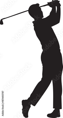 Golfer completing swing with club over shoulder silhouette isolated on white background minimalist golf sports and action illustration