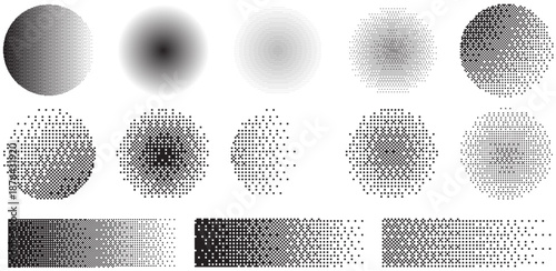 Set of Circle halftone. Collection of round shapes dotted vector halftones.