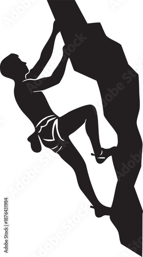 Rock climber clinging to cliff face reaching for hold silhouette isolated on white background minimalist climbing and adventure illustration