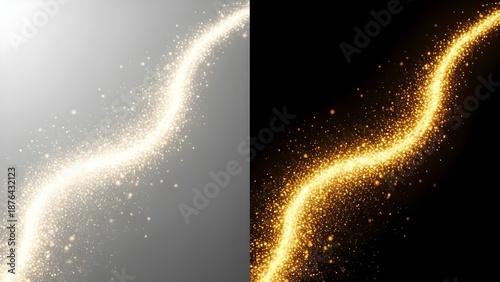Sparkling golden light trails on gray and black backgrounds