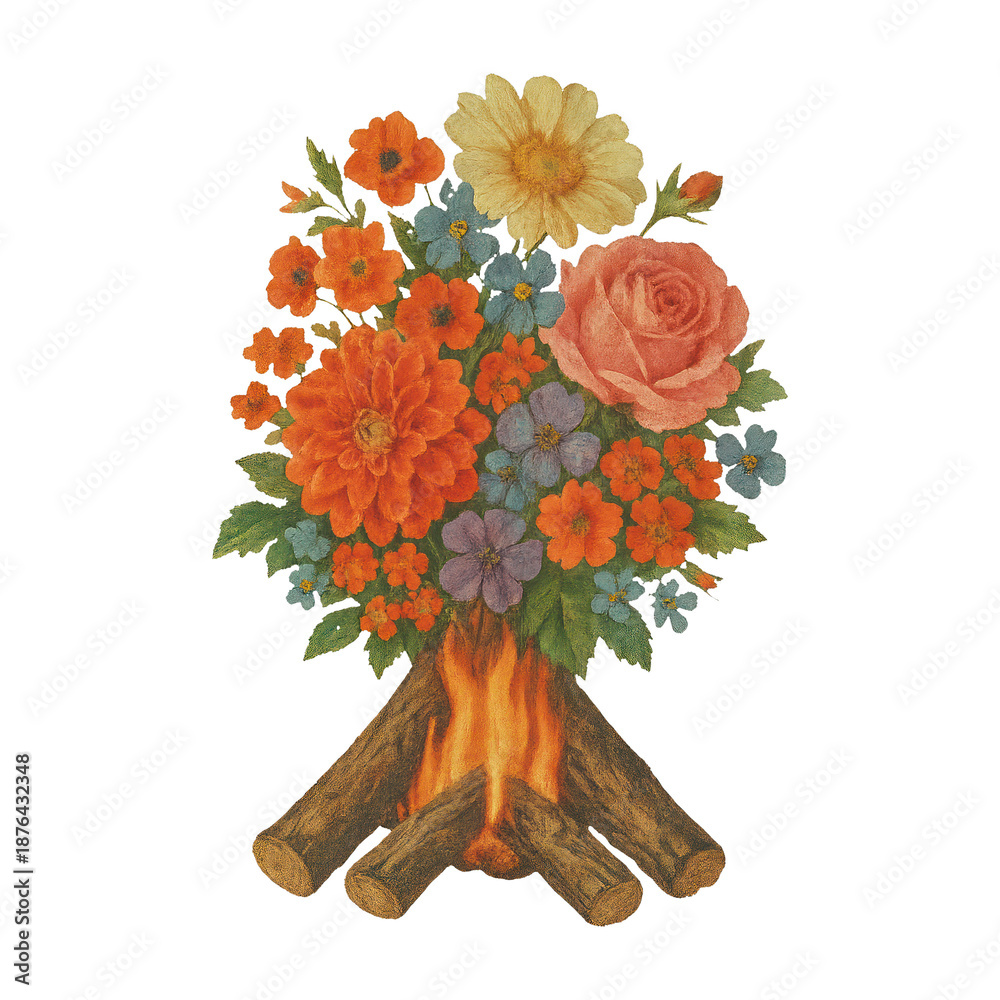Fototapeta premium PNG Floral campfire vibrant illustration