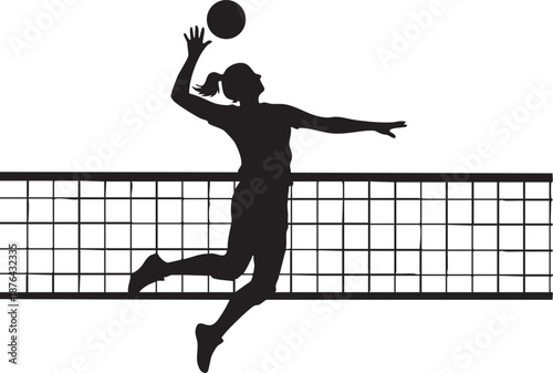 Volleyball player jumping high to spike the ball silhouette isolated on white background minimalist volleyball sports and action illustration