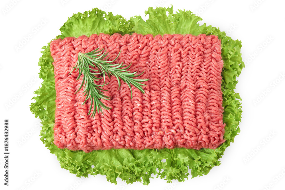 Obraz premium Minced meat, pork, beef, forcemeat isolated on white background. Top view