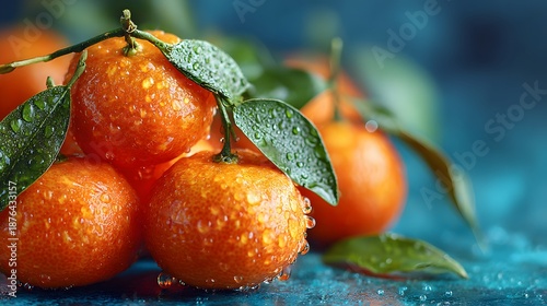 Pile of fresh mandarin oranges with green leaves attached features water droplets on the peel and citrus texture under bright lighting.