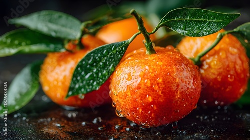Pile of fresh mandarin oranges with green leaves attached features water droplets on the peel and citrus texture under bright lighting.