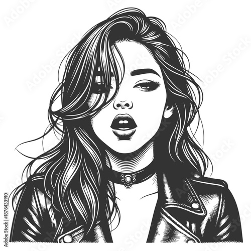 woman in a leather jacket and choker, with messy hair and seductive look sketch engraving generative ai fictional character vector illustration. Scratch board imitation. Black and white image.