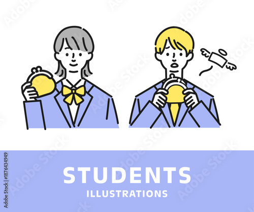 財布を持つブレザーの制服を着た男女