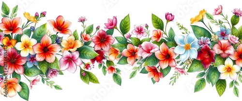 Elegant watercolor floral banner, a horizontal border of various colorful blossoms and lush green leaves, on a clean white background,  elegant,  banner