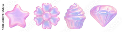 3D Cute Glossy Icons Collection, Y2K Holographic Kawaii Shapes – Valentine’s Day Decorative Elements.
