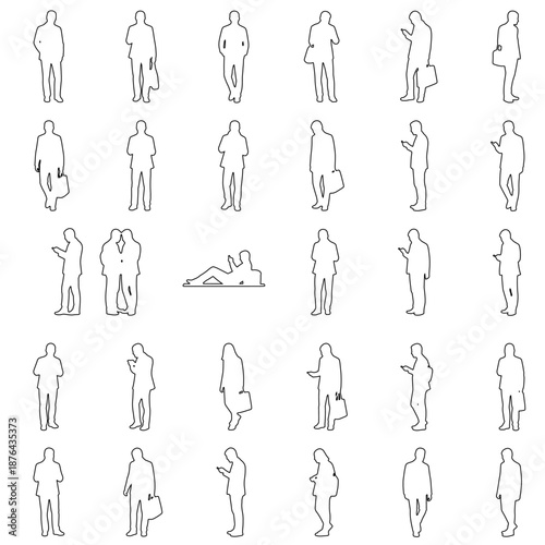 Set of 32 people outline figures drawn in clean line art style with contour outlines only. Ideal for CAD floor plans, architectrural drawings, urban design, infografics, and technical illustrations
