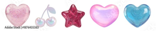 3D Glossy Candy Icons Set, Y2K Holographic Kawaii Sweet Objects – Valentine’s Day Love Symbols.