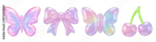 3D Cute Kawaii Accessories Icons, Y2K Holographic Glossy Set – Valentine’s Day Girly Elements.