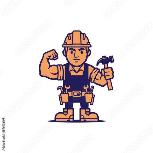Builder with Hammer, Worksite, Illustration, Industry, Strong Environment, Energetic Viewpoint, Empowerment Concept