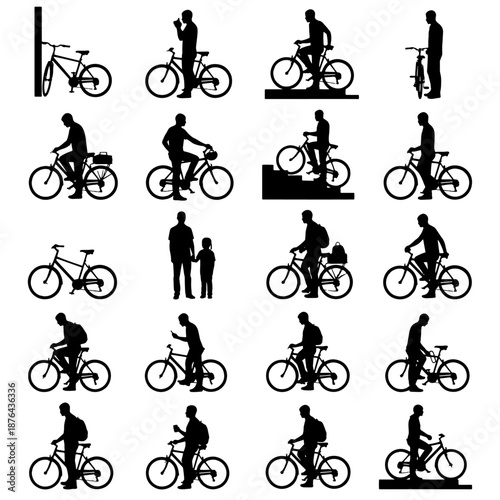 Set of black vector silhouettes of people with bicycles in various static and riding poses. Faceless minimal figures suitable for infographics, urban design, sport concepts, and architectural.