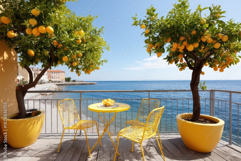 Fototapeta premium Lemon Trees Balcony: A vibrant balcony scene overlooking a tranquil sea, adorned with flourishing lemon trees and inviting yellow furniture, embodies the essence of serenity.